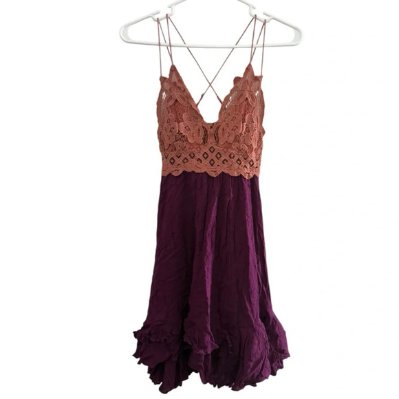 Free People Adella Slip Dress Copper Combo Medium Pink Purple Lace Crochet - Picture 2 of 8